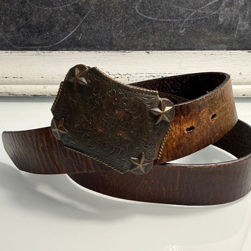 Streets Ahead Brown Leather Western Belt Oversized Floral Star Buckle